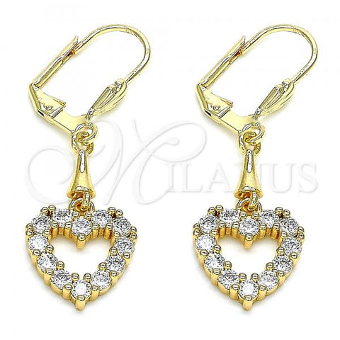 Oro Laminado Long Earring, Gold Filled Style Heart Design, with White Cubic Zirconia, Polished, Golden Finish, 02.213.0321