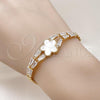 Oro Laminado Fancy Bracelet, Gold Filled Style Flower and Baguette Design, with Ivory Mother of Pearl and White Cubic Zirconia, Polished, Golden Finish, 03.283.0437.07