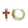 Oro Laminado Huggie Hoop, Gold Filled Style Cross Design, with Garnet Cubic Zirconia, Polished, Golden Finish, 02.210.0562.1.12