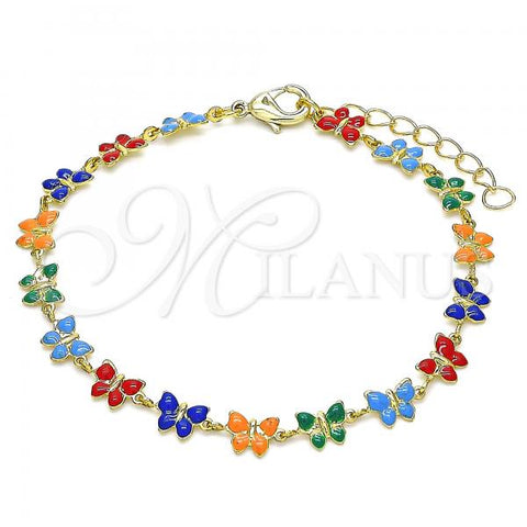 Oro Laminado Fancy Bracelet, Gold Filled Style Butterfly Design, Multicolor Enamel Finish, Golden Finish, 03.386.0010.07