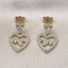 Oro Laminado Dangle Earring, Gold Filled Style Heart Design, with White Cubic Zirconia, Polished, Golden Finish, 02.283.0229