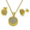 Oro Laminado Earring and Pendant Adult Set, Gold Filled Style Rope Design, with White Micro Pave, Polished, Golden Finish, 10.342.0173