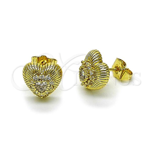 Oro Laminado Stud Earring, Gold Filled Style Heart Design, with White Cubic Zirconia, Polished, Golden Finish, 02.156.0700