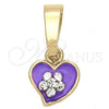 Oro Laminado Fancy Pendant, Gold Filled Style Heart and Flower Design, with White Crystal, Purple Enamel Finish, Golden Finish, 05.163.0081