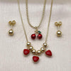 Oro Laminado Necklace and Earring, Gold Filled Style Cherry and Heart Design, Red Enamel Finish, Golden Finish, 06.417.0019