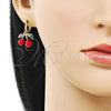 Oro Laminado Dangle Earring, Gold Filled Style Cherry Design, with White Micro Pave, Red Enamel Finish, Golden Finish, 02.417.0006