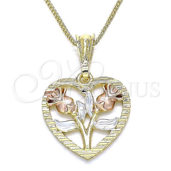 Oro Laminado Pendant Necklace, Gold Filled Style Heart and Flower Design, Polished, Tricolor, 04.351.0014.20