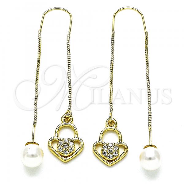 Oro Laminado Threader Earring, Gold Filled Style Heart Design, with White Micro Pave, Polished, Golden Finish, 02.210.0807