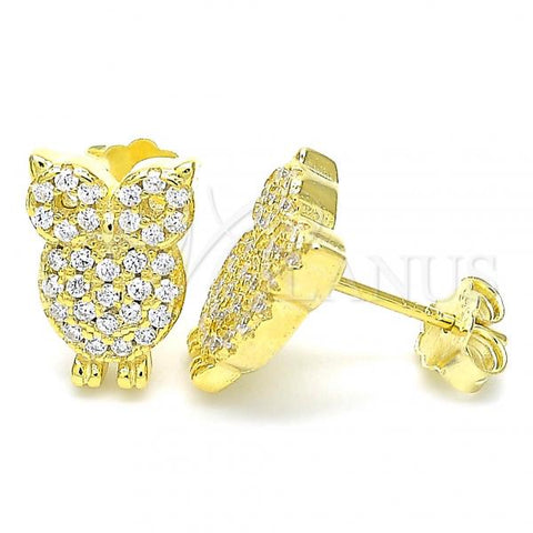 Sterling Silver Stud Earring, Owl Design, with White Cubic Zirconia, Polished, Golden Finish, 02.336.0176.2
