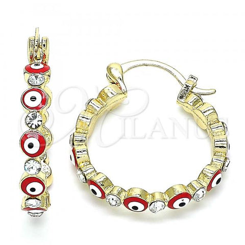 Oro Laminado Small Hoop, Gold Filled Style Evil Eye Design, with White Crystal, Red Enamel Finish, Golden Finish, 02.213.0223.25