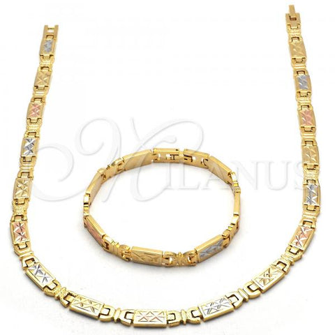 Oro Laminado Necklace and Bracelet, Gold Filled Style Diamond Cutting Finish, Tricolor, 06.102.0010