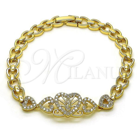 Oro Laminado Fancy Bracelet, Gold Filled Style Guadalupe and Heart Design, with White Cubic Zirconia, Polished, Golden Finish, 03.283.0397.07