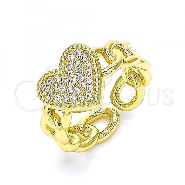 Oro Laminado Multi Stone Ring, Gold Filled Style Heart and Curb Design, with White Micro Pave, Polished, Golden Finish, 01.341.0041