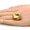 Oro Laminado Multi Stone Ring, Gold Filled Style Greek Key and Bee Design, with White Crystal, Polished, Golden Finish, 01.241.0004.08 (Size 8)