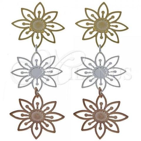 Oro Laminado Long Earring, Gold Filled Style Flower Design, Diamond Cutting Finish, Tricolor, 74.002