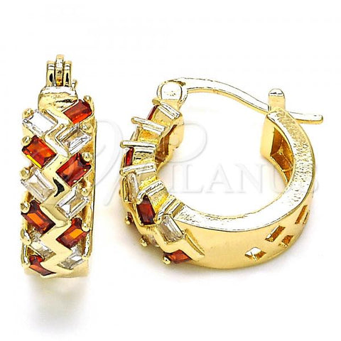 Oro Laminado Small Hoop, Gold Filled Style with Garnet and White Cubic Zirconia, Polished, Golden Finish, 02.210.0296.1.15