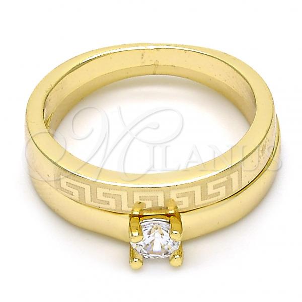 Oro Laminado Wedding Ring, Gold Filled Style Greek Key and Duo Design, with White Cubic Zirconia, Polished, Golden Finish, 01.99.0045.09 (Size 9)