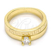 Oro Laminado Wedding Ring, Gold Filled Style Greek Key and Duo Design, with White Cubic Zirconia, Polished, Golden Finish, 01.99.0045.09 (Size 9)