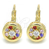 Oro Laminado Leverback Earring, Gold Filled Style Flower Design, with Multicolor Cubic Zirconia, Polished, Golden Finish, 02.210.0216.1