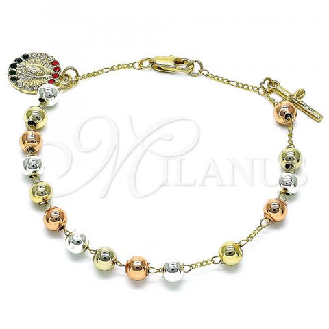 Oro Laminado Charm Bracelet, Gold Filled Style Guadalupe and Crucifix Design, with Multicolor Crystal, Polished, Tricolor, 03.351.0154.08