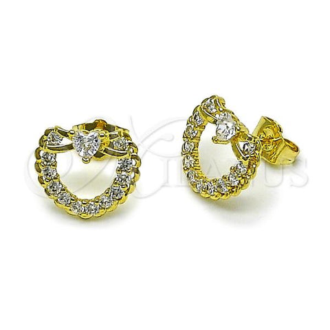 Oro Laminado Stud Earring, Gold Filled Style Heart and Bow Design, with White Cubic Zirconia, Polished, Golden Finish, 02.156.0698