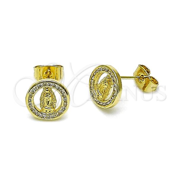 Oro Laminado Stud Earring, Gold Filled Style Guadalupe Design, with White Micro Pave, Polished, Golden Finish, 02.411.0073