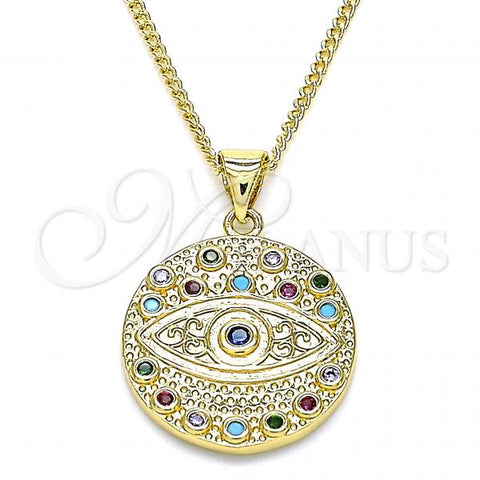 Oro Laminado Pendant Necklace, Gold Filled Style Evil Eye Design, with Multicolor Micro Pave, Polished, Golden Finish, 04.156.0401.20