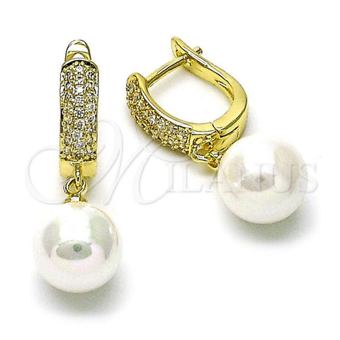 Oro Laminado Dangle Earring, Gold Filled Style Ball Design, with White Micro Pave and Ivory Mother of Pearl, Polished, Golden Finish, 02.213.0698