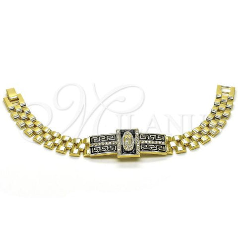 Oro Laminado Fancy Bracelet, Gold Filled Style Guadalupe and Greek Key Design, with White Micro Pave, Black Enamel Finish, Golden Finish, 03.411.0011.08