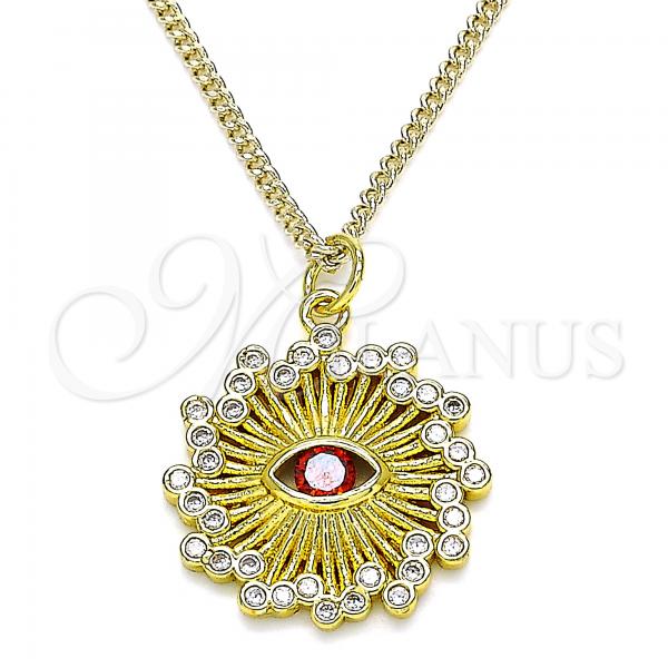 Oro Laminado Pendant Necklace, Gold Filled Style Evil Eye Design, with White Micro Pave and Garnet Cubic Zirconia, Polished, Golden Finish, 04.313.0049.1.20