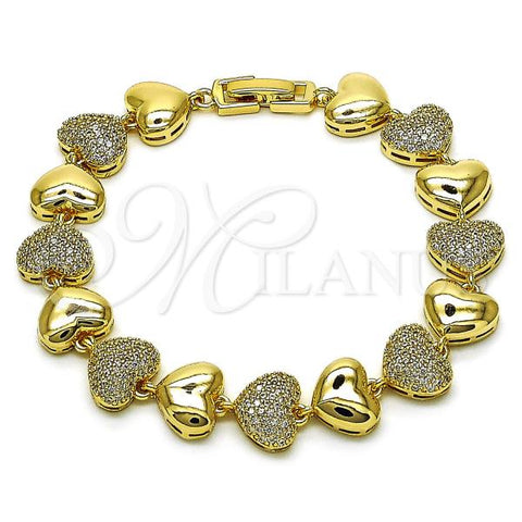 Oro Laminado Tennis Bracelet, Gold Filled Style Heart Design, with White Micro Pave, Polished, Golden Finish, 03.283.0445.08