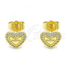 Oro Laminado Stud Earring, Gold Filled Style Mom and Heart Design, with White Micro Pave, Polished, Golden Finish, 02.156.0631