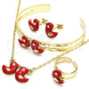 Oro Laminado Earring and Pendant Children Set, Gold Filled Style with White Crystal, Red Enamel Finish, Golden Finish, 06.65.0119