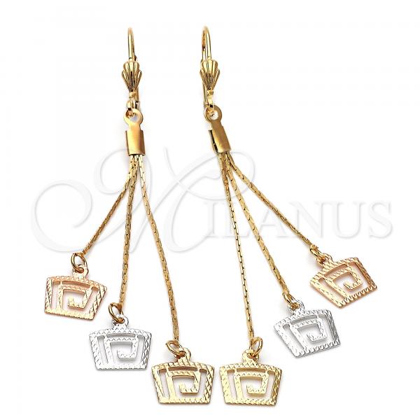 Oro Laminado Long Earring, Gold Filled Style Greek Key Design, Diamond Cutting Finish, Tricolor, 5.098.008