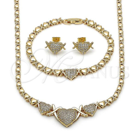 Oro Laminado Necklace, Bracelet and Earring, Gold Filled Style Heart and Hugs and Kisses Design, with White Cubic Zirconia, Polished, Golden Finish, 06.282.0004