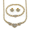 Oro Laminado Necklace, Bracelet and Earring, Gold Filled Style Heart and Hugs and Kisses Design, with White Cubic Zirconia, Polished, Golden Finish, 06.282.0004