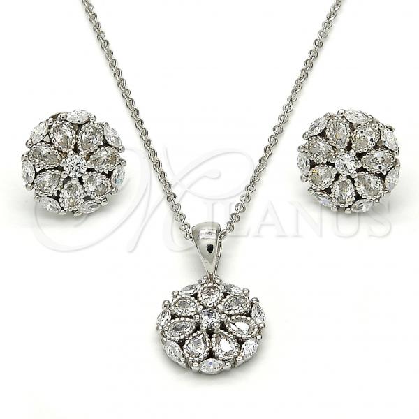 Sterling Silver Earring and Pendant Adult Set, Flower Design, with White Cubic Zirconia, Polished, Rhodium Finish, 10.175.0018