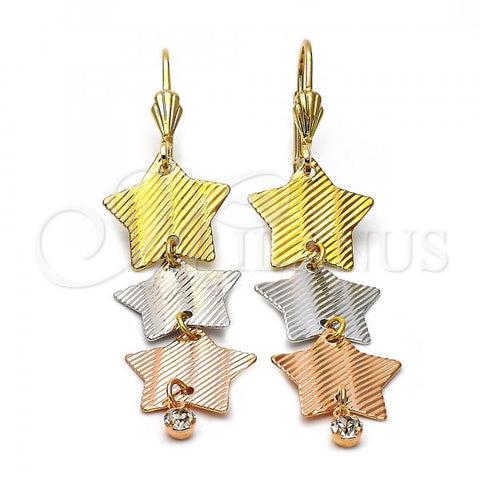 Oro Laminado Long Earring, Gold Filled Style Star Design, with White Cubic Zirconia, Diamond Cutting Finish, Tricolor, 5.072.005