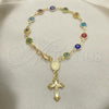 Oro Laminado Bracelet Rosary, Gold Filled Style Caridad del Cobre and Crucifix Design, Multicolor Resin Finish, Golden Finish, 09.63.0113.08