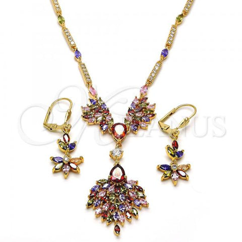 Oro Laminado Necklace and Earring, Gold Filled Style Teardrop Design, with Multicolor Cubic Zirconia, Polished, Golden Finish, 06.221.0009