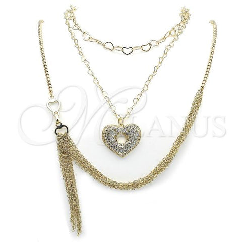 Stainless Steel Fancy Necklace, Heart and Rolo Design, with White Cubic Zirconia, Polished, Golden Finish, 04.437.0010.16