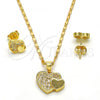 Oro Laminado Earring and Pendant Adult Set, Gold Filled Style Heart Design, with White Micro Pave, Polished, Golden Finish, 10.199.0019