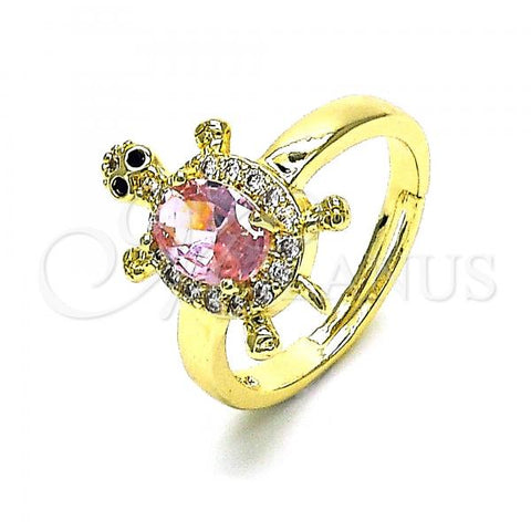 Oro Laminado Multi Stone Ring, Gold Filled Style Turtle Design, with Pink Cubic Zirconia and White Micro Pave, Polished, Golden Finish, 01.284.0086.1