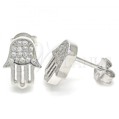 Sterling Silver Stud Earring, Hand of God Design, with White Cubic Zirconia, Polished, Rhodium Finish, 02.336.0133