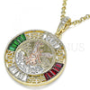 Oro Laminado Religious Pendant, Gold Filled Style Centenario Coin and Angel Design, with Garnet and Green Crystal, Polished, Tricolor, 05.380.0026.1