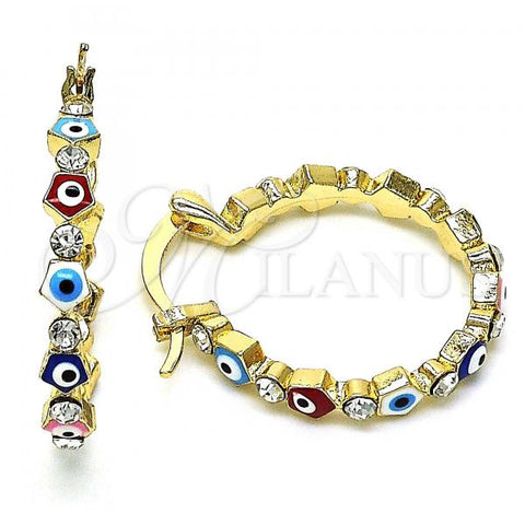Oro Laminado Small Hoop, Gold Filled Style Evil Eye Design, with White Crystal, Multicolor Enamel Finish, Golden Finish, 02.213.0367.25
