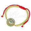 Oro Laminado Adjustable Bolo Bracelet, Gold Filled Style Evil Eye and Ball Design, with Multicolor Micro Pave, Turquoise Enamel Finish, Golden Finish, 03.381.0024.10