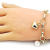 Oro Laminado Charm Bracelet, Gold Filled Style Heart and Ball Design, with Ivory Pearl and White Cubic Zirconia, Polished, Golden Finish, 03.331.0259.08