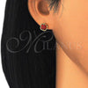 Oro Laminado Stud Earring, Gold Filled Style Flower Design, with Garnet Cubic Zirconia, Polished, Golden Finish, 02.349.0001