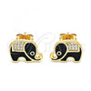 Oro Laminado Stud Earring, Gold Filled Style Elephant Design, with White and Black Micro Pave, Black Enamel Finish, Golden Finish, 02.213.0270.2